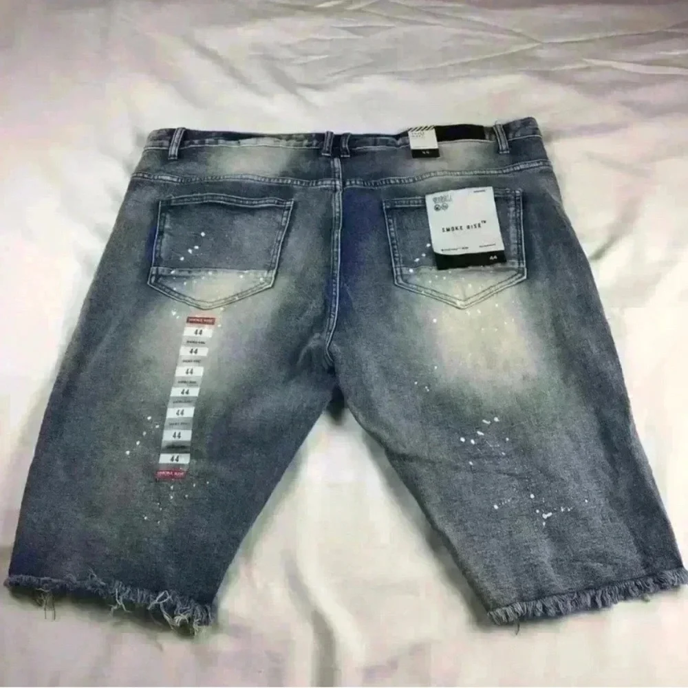 Smoke Rise Blue Jean Shorts Cut Off Destroyed Paint Splatter Embroidered Mens 44